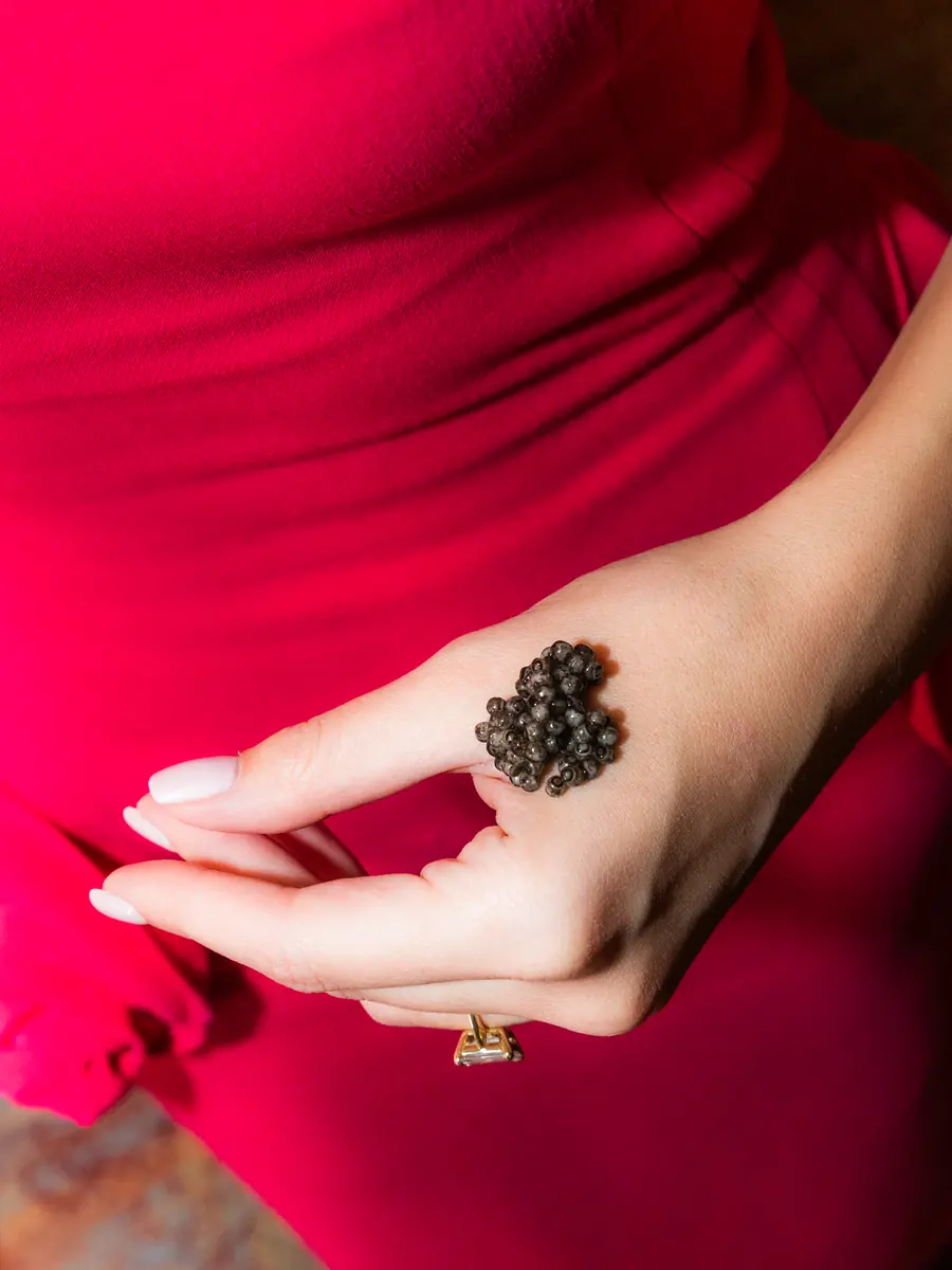 Caviar servit pe dosul palmei, cu lingură de sidef